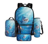 Xoeniee - Set di 4 zaini per la scuola per bambini, 43 cm, grande borsa per libri con contenitore isolante, astuccio per matite, porta bottiglie d'acqua, Cartoon Shark Sottomarino, Taglia unica, Set