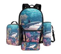 Xoeniee - Set di 4 zaini per la scuola per bambini, 43 cm, grande borsa per libri con contenitore isolante, astuccio per matite, porta bottiglie d'acqua, Shark Coral Sottomarino, Taglia unica, Set di