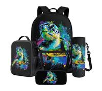 Xoeniee - Set di 4 zaini per la scuola per bambini, 43 cm, grande borsa per libri con contenitore isolante, astuccio per matite, porta bottiglie d'acqua, Tartaruga Verde Vernice, Taglia unica, Set di