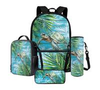 Xoeniee - Set di 4 zaini per la scuola per bambini, 43 cm, grande borsa per libri con contenitore isolante, astuccio per matite, porta bottiglie d'acqua, Tartaruga marina tropicale foglia, Taglia
