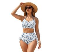 Xoenoiee 2 pezzi da donna a vita alta bikini set controllo pancia spiaggia costumi da bagno incrociati cravatta indietro costume da bagno XS-3XL, Blu Boho Floreale, S