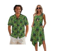Xoenoiee Abiti da vacanza abbinati per coppie Camicia a maniche corte da uomo e abito da donna con orlo irregolare coordinato abbigliamento estivo, Palme Leopardo Verde, L