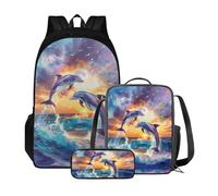 Xoenoiee Back to School Zaino Set di 3 Bambini Studenti Grande Capacità Schoolbag Borsa Termica Lunch Box Matita Borsa Unisex, Sea Delphin Sunset Glow