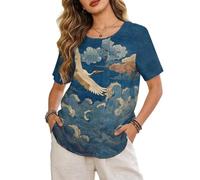 Xoenoiee Boho Top da donna alla moda estivo da donna top girocollo maniche corte t-shirt moda camicette casual camicia S-5XL, Gru Nube Blu, 3XL