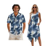 Xoenoiee Coppie Abiti da vacanza abbinati Camicia a maniche corte da uomo e abito da donna con orlo irregolare Abbigliamento estivo S-5XL, Tie-dye blu, XXL