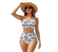 Xoenoiee Costume da bagno da donna con controllo della pancia, modesto bikini a vita alta, con laccetti posteriore, 2 pezzi, taglie XS-3XL, Macchia di mucca grigia, S