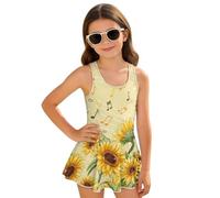 Xoenoiee Costume da bagno intero per ragazze, senza maniche, per ragazze, con gonna stampata, costume da bagno hawaiano, Note Musicali Girasole, 6-7 Anni