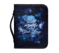 Xoenoiee Custodia per Bibbia con stampa di farfalle e rose blu, con manico e cerniera, con scritta in inglese "He Fills My Life with Good Things, Portare la Chiesa borsa regalo per donne e uomini, XL