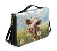 Xoenoiee Custodia per Bibbia con tracolla staccabile per donne e uomini, borsa per Bibbia in pelle PU custodia per il trasporto della Bibbia, Erba Floreale Mucca, Large