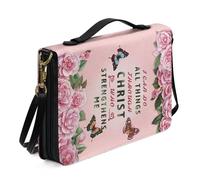 Xoenoiee Custodia per Bibbia in pelle PU con stampa con farfalle rosa e rosa, per donne e uomini, con cinturino staccabile, borsa della Bibbia I Can Do All Things, custodia per bibbia, XL