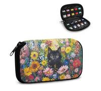 Xoenoiee Custodia per chiavetta USB con stampa di gatto nero e fiori vivaci, custodia leggera per chiavetta USB, con 10 scomparti, organizer compatto per unità flash, facile da trasportare