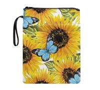 Xoenoiee Custodia per libri con stampa di girasoli e farfalle, blu, per amanti dei libri, 29 x 22,1 cm, custodia protettiva impermeabile con cerniera, tasca frontale e corda portatile