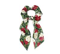 Xoenoiee Elastici per capelli da donna, con fiocco e stampa a fiori bianchi e rossi, in raso, spessi elastici per orecchie da coniglio, accessori per capelli per ragazze, 1 confezione