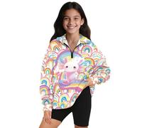 Xoenoiee Felpa da ragazza con mezza zip, pullover con stampa 3D per autunno inverno vestiti oversize per 5-14 anni, Arcobaleni Axolotl, 13-14 Years