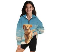 Xoenoiee Felpa oversize da ragazza, con colletto a mezza zip, a maniche lunghe, casual, per bambini 5-14 anni, Cane Golden Retriever Blu, 13-14 Years