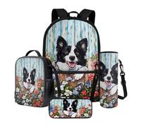 Xoenoiee Grande zaino termico per il pranzo con portapranzo e porta bottiglia d'acqua, 4 pezzi, set di borse per la scuola per bambini, motivo gatti e cani, Border Collie vivace floreale, Taglia unica