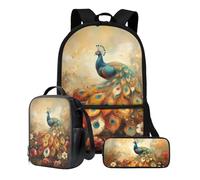Xoenoiee Il set di zaino scolastico 3 in 1 include una grande borsa da scuola da 43,2 cm, borsa per il pranzo e astuccio per ragazze, Dipinto Pavone Floreale