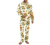 Xoenoiee Pigiama da uomo morbido con bottoni e colletto dentellato, a maniche lunghe, 2 pezzi, abbigliamento da notte, Vivace Girasole Bee Beige, S