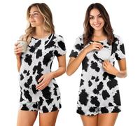Xoenoiee Pigiama premaman per allattamento Set 2 pezzi biancheria da notte per allattamento al seno top a maniche corte e pantaloncini Set pigiama gravidanza, Mucca Spot, L