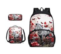 Xoenoiee Set di 3 borse per il pranzo + portapranzo + astuccio per studenti zaino per la scuola per ragazzi e ragazze per il ritorno a scuola, Zebra Rosa Rossa Farfalla