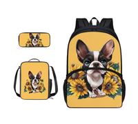 Xoenoiee Set di 3 borse per il pranzo + portapranzo + astuccio per studenti zaino per la scuola per ragazzi e ragazze per il ritorno a scuola, Boston Terrier e Girasole