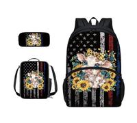 Xoenoiee Set di 3 borse per il pranzo + portapranzo + astuccio per studenti zaino per la scuola per ragazzi e ragazze per il ritorno a scuola, Bandiera Girasole Piccola Mucca
