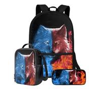 Xoenoiee Set di 3 borse per libri + portapranzo + astuccio per matite per studenti 43,2 cm grande zaino per la scuola set per ragazzi e ragazze per il rientro a scuola, Lupo di fuoco rosso blu