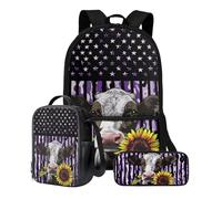 Xoenoiee Set di 3 borse per libri + portapranzo + astuccio per matite per studenti 43,2 cm grande zaino per la scuola set per ragazzi e ragazze per il rientro a scuola, Bandiera Viola Girasole Mucca