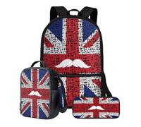 Xoenoiee Set di 3 borse per libri + portapranzo + astuccio per matite per studenti 43,2 cm grande zaino per la scuola set per ragazzi e ragazze per il rientro a scuola, Maglia bandiera del Regno Unito
