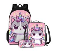 Xoenoiee Set di 3 libri per bambini + portapranzo + astuccio per matite per studenti zaino di grande capacità per ragazzi e ragazze, Simpatico unicorno arcobaleno