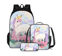 Xoenoiee Set di 3 libri per bambini + portapranzo + astuccio per matite per studenti zaino di grande capacità per ragazzi e ragazze, Adorabile unicorno