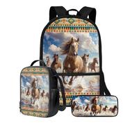 Xoenoiee Set di 3 pezzi zaino per ragazzi ragazze 43,2 cm borsa per la scuola borsa pranzo e astuccio per studenti materiale scolastico, Tribù azteca a cavallo in esecuzione
