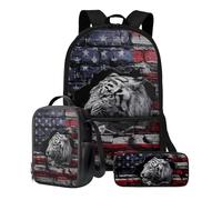 Xoenoiee Set di 3 pezzi zaino per ragazzi ragazze 43,2 cm borsa per la scuola borsa pranzo e astuccio per studenti materiale scolastico, Bandiera degli Stati Uniti Tigre Bianca