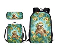 Xoenoiee Set di 3 zainetti per bambini, borsa per la scuola e portapranzo, astuccio per ragazzi e ragazze, set per il ritorno a scuola, Foglia di palma floreale bradip, Taglia unica