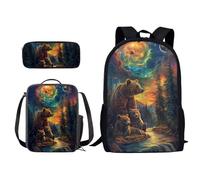 Xoenoiee Set di 3 zaini e portapranzo per bambini, borsa per la scuola e libri, motivo animali carini 3 in 1, Foresta degli orsi, Taglia unica