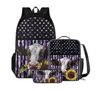 Xoenoiee Set di 3 zaini e portapranzo per ragazzi e ragazze, set di 3 borse per la scuola per studenti, Bandiera Viola Girasole Mucca