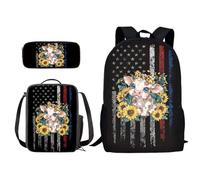 Xoenoiee Set di 3 zaini per bambini con libreria+portapranzo+astuccio per matite per scuola primaria/media, set zaino per ragazzi e ragazze, Bandiera Girasole Piccola Mucca, Taglia unica