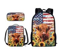 Xoenoiee Set di 3 zaini per bambini con libreria+portapranzo+astuccio per matite per scuola primaria/media, set zaino per ragazzi e ragazze, Bandiera del Girasole del bestiame delle Highland, Taglia