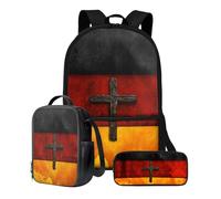 Xoenoiee Set di 3 zaini per bambini e bambine, 43,2 cm, zaino per la scuola, borsa per il pranzo e matite, set da 3 pezzi, per scuola, picnic, viaggi, Croce di bandiera tedesca