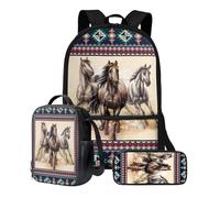 Xoenoiee Set di 3 zaini per bambini e bambine, 43,2 cm, zaino per la scuola, borsa per il pranzo e matite, set da 3 pezzi, per scuola, picnic, viaggi, Tribù Azteca Cavallo