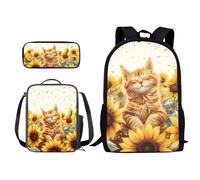 Xoenoiee Set di 3 zaini per bambini e ragazzi, per la scuola, borsa per il pranzo e astuccio con stampa novità, Girasole e Gatto, Taglia unica