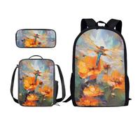Xoenoiee Set di 3 zaini per bambini e ragazzi, per la scuola, borsa per il pranzo e astuccio con stampa novità, Vernice colorata libellula floreale, Taglia unica