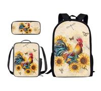Xoenoiee Set di 3 zaini per bambini e ragazzi, per la scuola, borsa per il pranzo e astuccio con stampa novità, Pollo, farfalla, libellula, girasole, Taglia unica