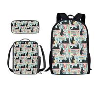 Xoenoiee Set di 3 zaini per bambini e ragazzi, per la scuola, borsa per il pranzo e astuccio con stampa novità, Gatto nero e libro, Taglia unica