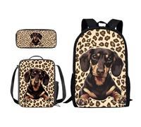 Xoenoiee Set di 3 zaini per bambini e ragazzi, per la scuola, borsa per il pranzo e astuccio con stampa novità, Bassotto Cane Leopardo, Taglia unica