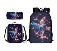 Xoenoiee Set di 3 zaini per bambini e ragazzi, per la scuola, borsa per il pranzo e astuccio con stampa novità, Farfalle Colorate, Taglia unica