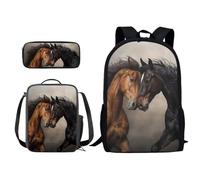 Xoenoiee Set di 3 zaini per bambini e ragazzi, per la scuola, borsa per il pranzo e astuccio con stampa novità, Motivo a cavallo., Taglia unica