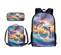 Xoenoiee Set di 3 zaini per bambini e ragazzi, per la scuola, borsa per il pranzo e astuccio con stampa novità, Delfino Glow Sunset, Taglia unica