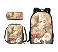 Xoenoiee Set di 3 zaini per bambini e ragazzi, per la scuola, borsa per il pranzo e astuccio con stampa novità, Fiore Vintage Hummingbrid, Taglia unica