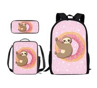 Xoenoiee Set di 3 zaini per la scuola, borsa per il pranzo, 3 in 1, per ragazzi e ragazze, stampa novità, Cuore di bradipo e ciambelle rosa, Taglia unica